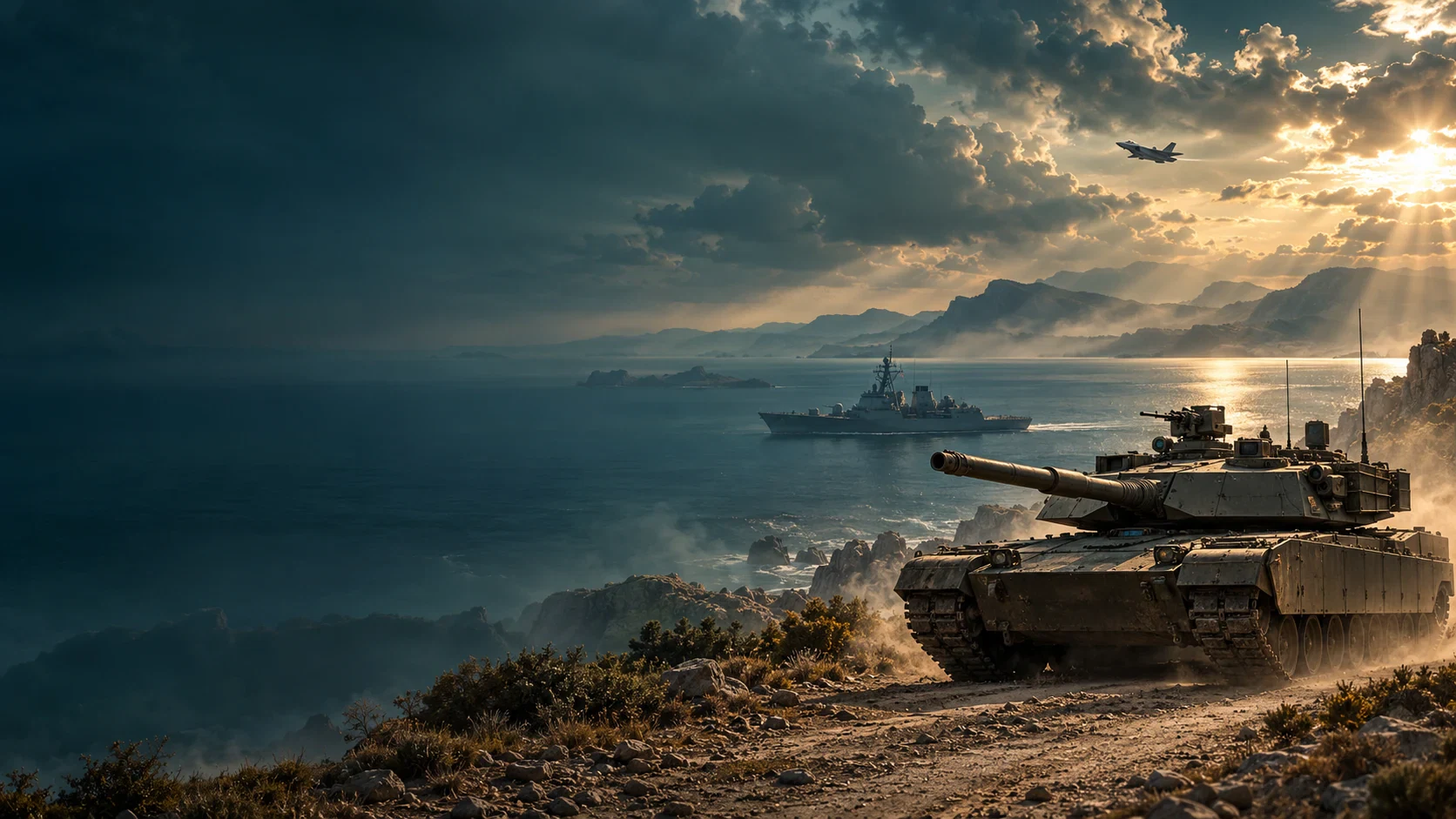 Warfront artwork showing a tank, warship and aircraft at sunset